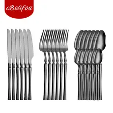 Belifou Kit 24 Jogo De Talheres Aço Inoxidável Cintura Fina Preto