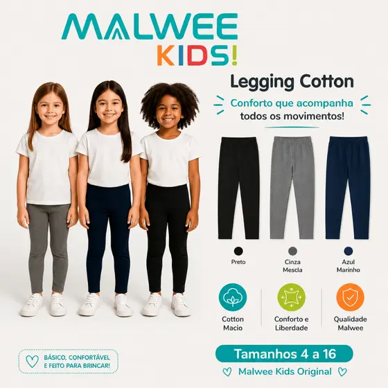Calça Legging Infantil Menina Malwee Kids Uniforme Escolar Cotton Básica Lisa 1 a 16 Anos
