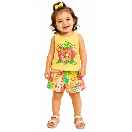 Conjunto Infantil Menina Verão Blusa e Short Unicórnio Morango Elian 1 2 3 Anos