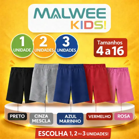 Bermuda short Ciclista Infantil Menina Cotton Malwee Kids Short  4 a 16 Anos (kit 1,2,3)