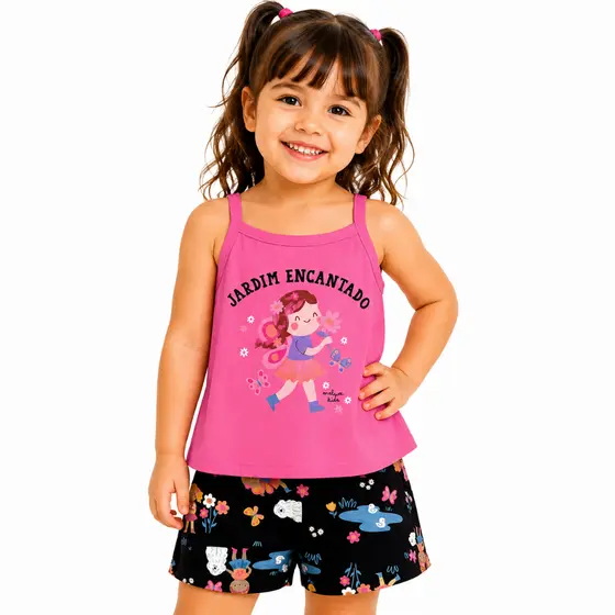 Conjunto Menina Malwee Kids Jardim Encantado 2 a 6 Anos Blusa Rosa + Short Verão
