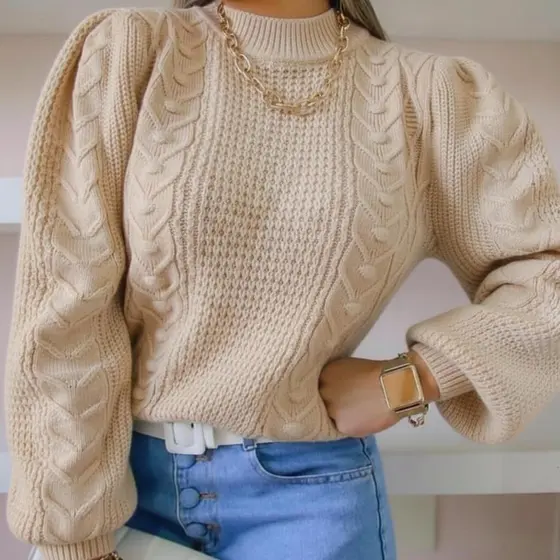 Blusa Feminina Tricot Pipoca Tricô Moda Blogueira Inverno Frio Manga Bufante Tendencia Novidade