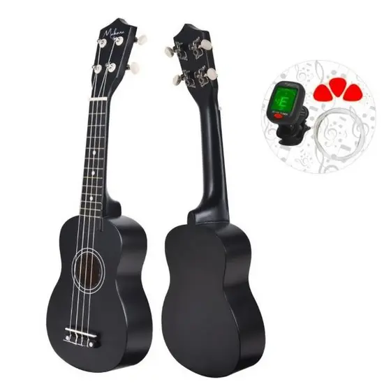 Ukulele Soprano Acústico Makanu Preto Kit com Capa Afinador Digital e 3 Palhetas Iniciante Madeira