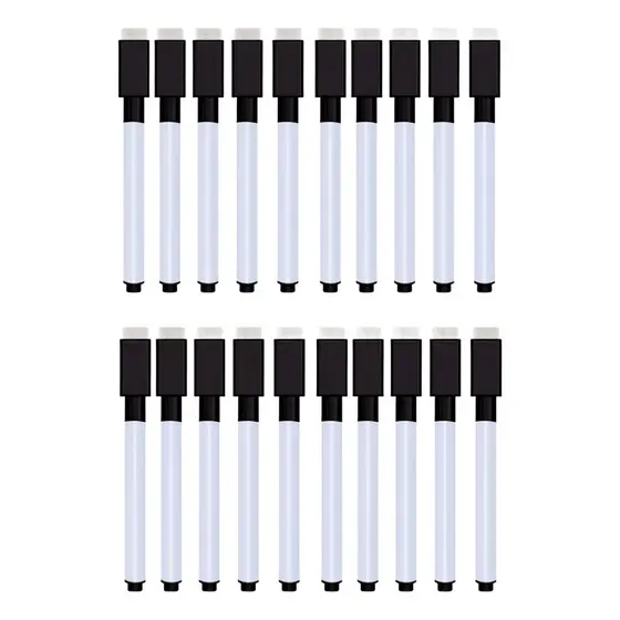 20 Canetas Preta Quadro Branco C/ Apagador E Imã Tampa Preto