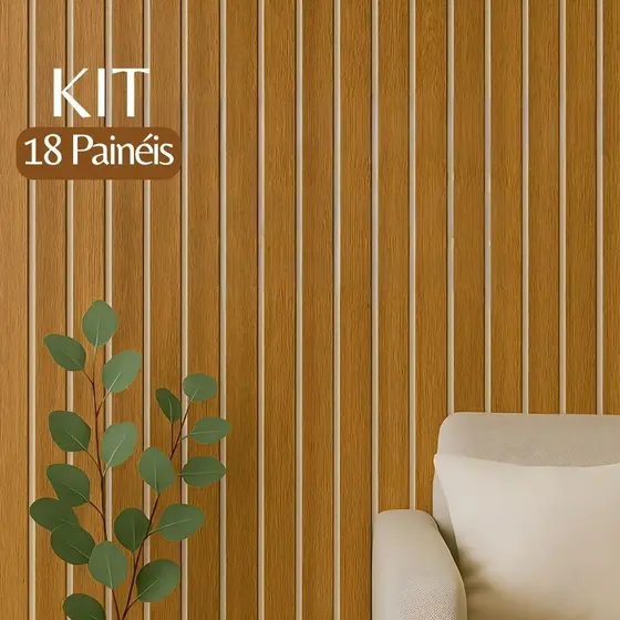 Kit 18 Painéis Ripado MDF 50x11cm Autocolante Revestimento Parede Decorativa