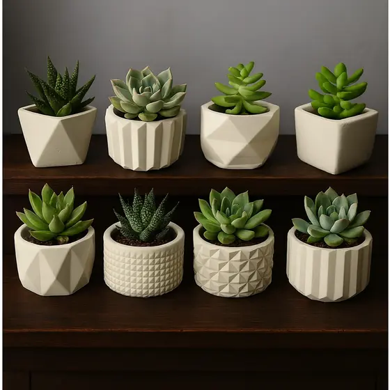 Kit Até 8 Unidades Vasinho Decorativo de Gesso Com Textura, Cactus e Plantas Artificiais.