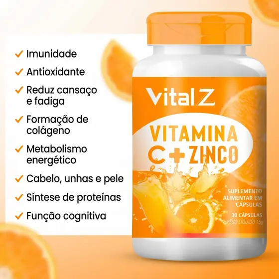 Vitamina C + Zinco Vital Z | 30 Cápsulas | Suplemento para Imunidade, Pele e Proteção Diária