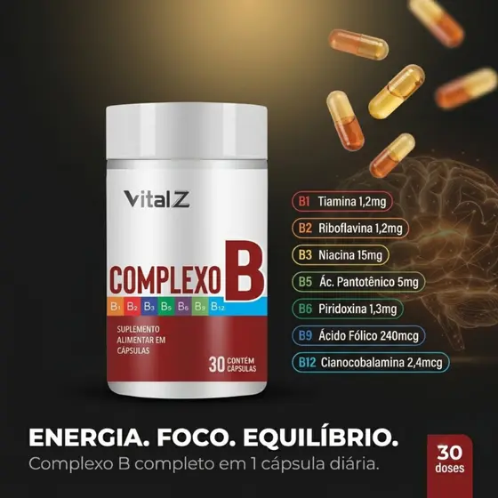 Complexo B 30 Cápsulas | 7 Vitaminas B1 B2 B3 B5 B6 B9 B12 | Energia Disposição e Sistema Nervoso