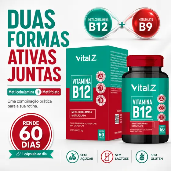 Vitamina B12 Metilcobalamina + Metilfolato | Energia e Disposição | 60 cápsulas 60 dias