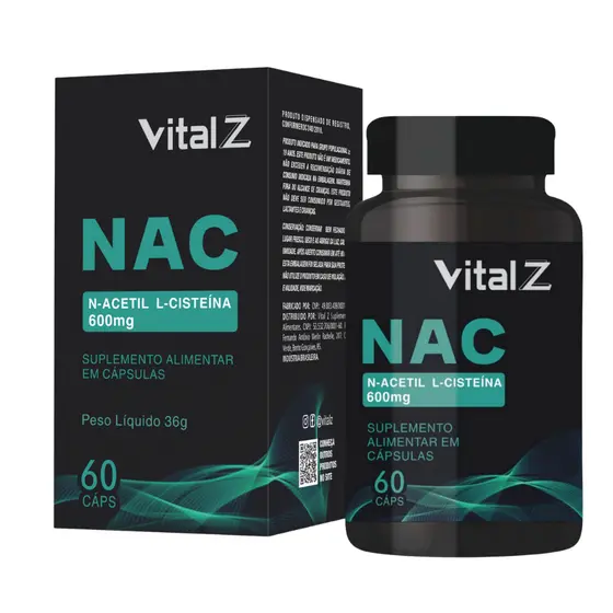 NAC 600 mg Vital Z – Suplemento Alimentar de N-Acetilcisteína – 60 Cápsulas