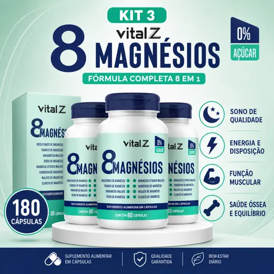 Kit 2x 3x 5x 8 Magnésios 8 em 1 | 300 Cápsulas | 1200mg por Dose | Fórmula Premium | Envio Imediato