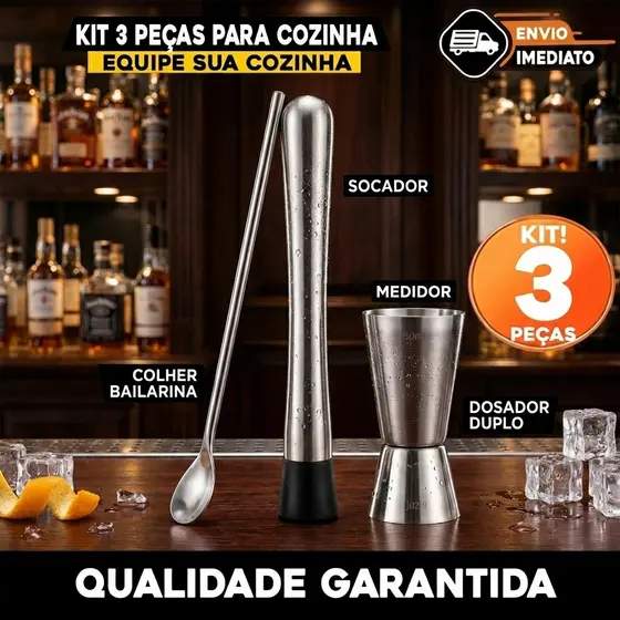 Kit Bar Profissional Inox – Dosador Duplo + Socador de Bebidas + Colher Bailarina | Drinks Perfeitos em Casa