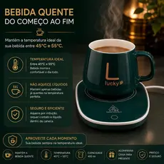 Kit Aquecedor Elétrico Xícara Caneca Cerâmica Tampa Colher Dourada Mini Cooktop Para Café Chá Luxo Bivolt