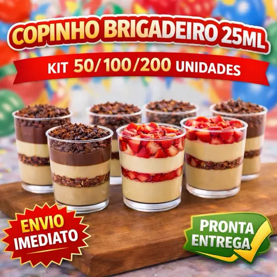 KIT 50/100/200/300 COPINHO 25 ML BRIGADEIRO ACRÍLICO + 100 MINI COLHER
