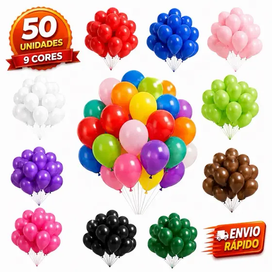 Balão Latex 9 Polegadas 50 Unidades Cores Sortidas Festa