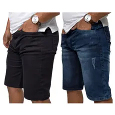 Kit 2 Bermuda Jeans Masculina Preta Lisa Azul Puído Bigode Elastano Shorts Masculino Presente Pai