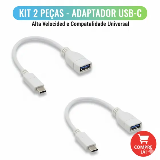 kit 2 Cabos Adaptador OTG USB-A Fêmea Tipo C 3.0 Pendrive Smartphone Celular Transferencia de Dados