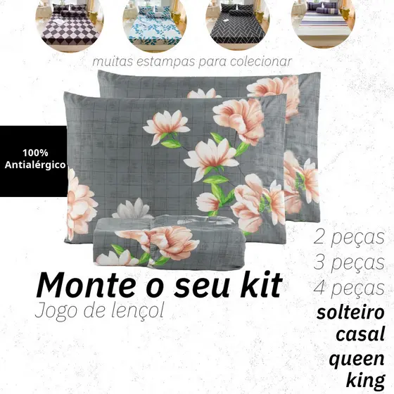 Jogo de Lençol Estampado - Monte seu Kit : 2 , 3 ou 4 Peças - Solteiro / Casal / Queen / King
