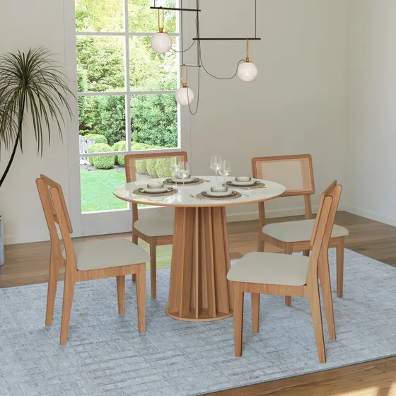 Conjunto Sala de Jantar Mesa Redonda Nature Ripada com 4 Cadeiras Tela Sintética Dalla Costa