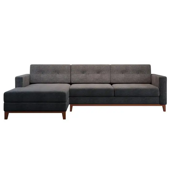 Sofá 3 Lugares Living com Chaise Esquerdo Pés e Base em Madeira Linho Cotton Grafite