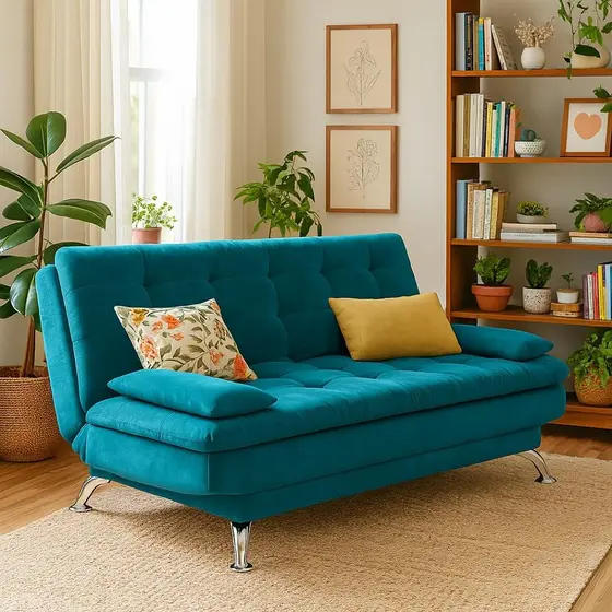 Sofá-Cama Casal 3 Lugares Premium A2 Suede Azul Turquesa