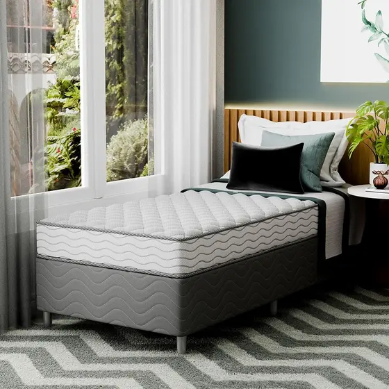 Cama Box com Colchão Solteirão Howie Espuma D33 (17x96x203) Branco e Cinza