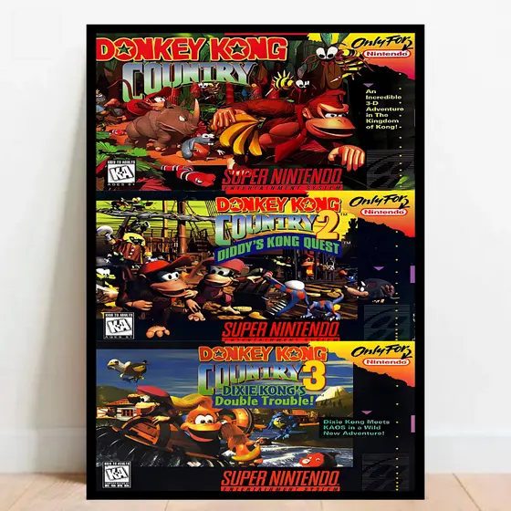 Quadro Decorativa Geek Gamer Donkey Kong Country Super Nintendo Snes 01 02 03