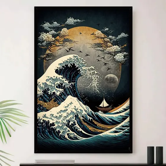 Quadro Placa decorativa worldgeek Japão Onda Mar Sol Lua Japones Decorativo
