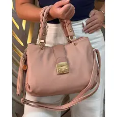 Bolsa Feminina Rosa Amora Alça Trançada de Mão e Transversal Média Linda e Moderna