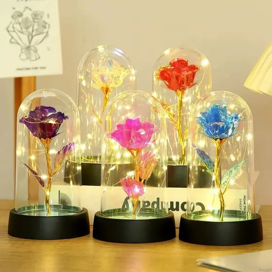 Rosa Encantada com Luz LED – Flor Eterna Decorativa em Cúpula de Acrílico 15cm