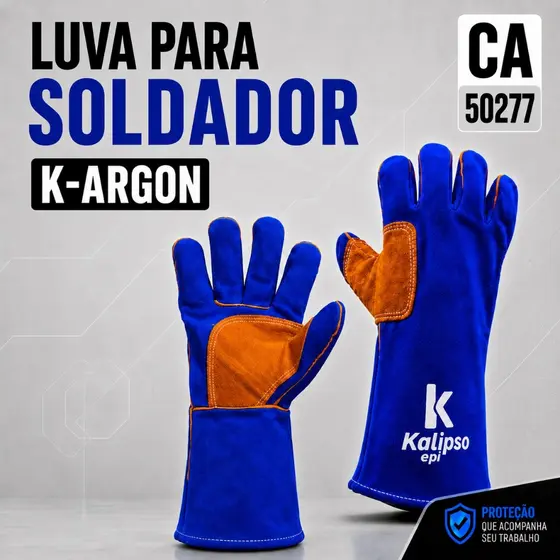 Luva de Solda Kalipso K-Argon Couro Raspa Profissional Alta Proteção Cano Longo CA 50277 Temp. 500°