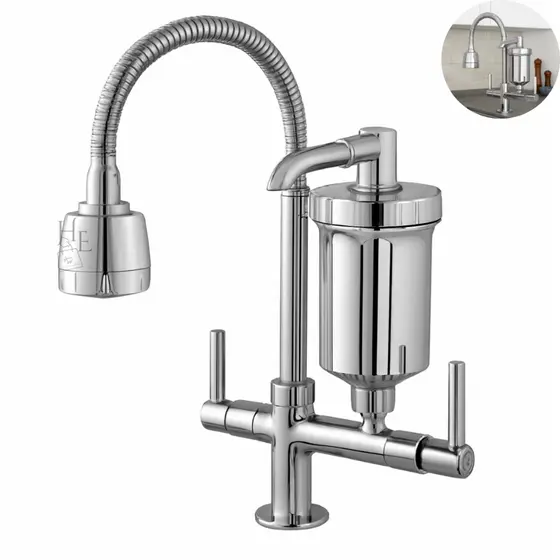 Torneira Gourmet Bancada com Filtro Purificador Bica Flexível 2 Jatos 360° Cozinha Cromada
