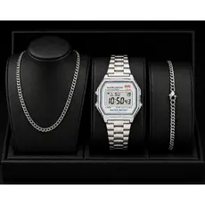 KIT Relógio + Pulseira + Cordão Prata LED Unissex Fashion Masculino Feminino