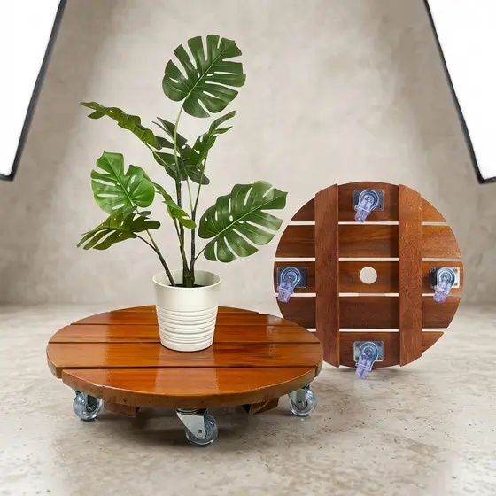 Suporte para Vaso 35cm em Madeira com Rodízios de Silicone Carrinho para Vaso de Planta grande