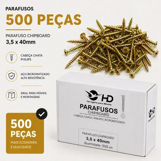 Parafuso para Madeira Chipboard MDF Kit Caixa 500peças 3,5x40 Philips Ph2 Cabeça Chata Madeira