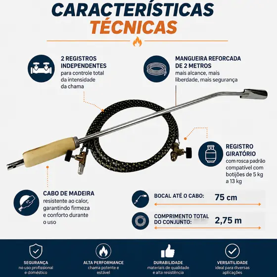 Maçarico Lança Chamas 75cm Mangueira Reforçada 2m Para Botijão 13kg Cabo em Madeira