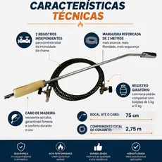 Maçarico Lança Chamas 75cm Mangueira Reforçada 2m Para Botijão 13kg Cabo em Madeira