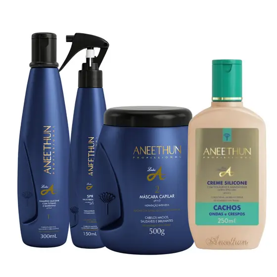 Kit Aneethun Hidratação Linha A Shampoo + Mascara + Spray + Creme de Silicone Cachos