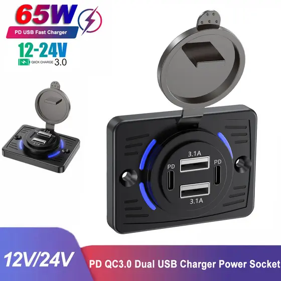 12V/24V Tomada De Carregador De Carro Duplo PD USB Carga Rápida Com Tampa Deslizante Adaptador De Painel De Saída Para C