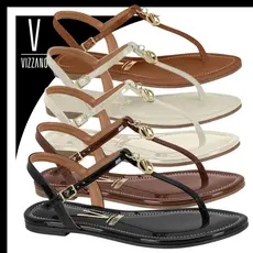 Rasteira Vizzano Feminina Pingente Dourado Fivela Casual Conforto Dia a Dia Leve