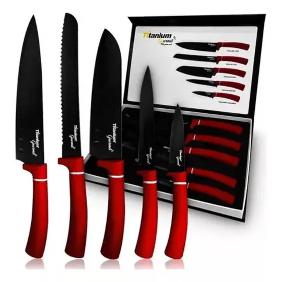 Kit de Facas Prime Chef 5 Peças Titanium Gourmet Vermelha – Aço Inoxidável de Alta Qualidade