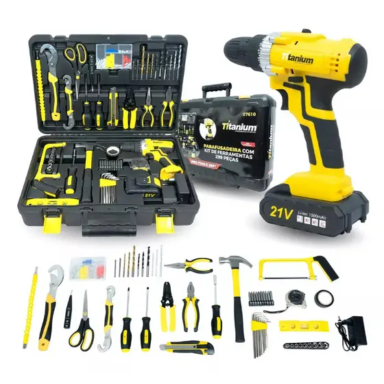 Kit Ferramentas 299 Peças Parafusadeira a Bateria 21V Titanium Platina com Maleta