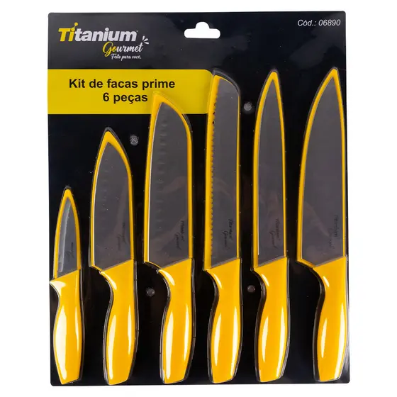 Kit Jogo de Facas de Cozinha Profissional Antiaderente 6 Peças Inox Prime Titanium Gourmet
