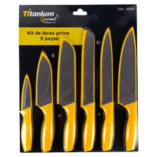 Kit Jogo de Facas de Cozinha Profissional Antiaderente 6 Peças Inox Prime Titanium Gourmet