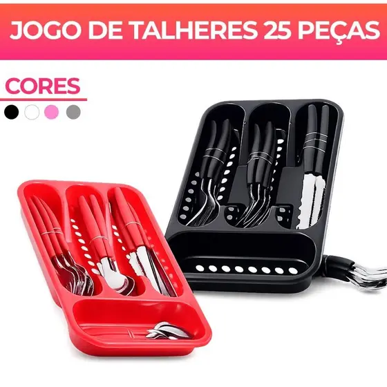 Jogo De Talheres inox Faqueiro Porta Talher Com 25 Peças Preto Branco E Rosa