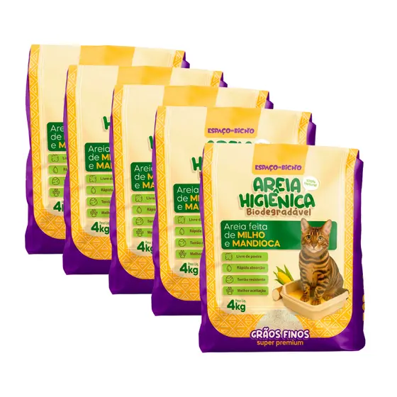 Areia Higiênica Biodegradável 4/8/12/16/20Kg Espaço do Bicho Grãos Finos e Grossos– Milho e Mandioca (100% Natural)