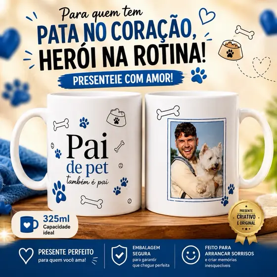 Caneca Personalizada Pai de Pet com Foto | Presente para Pais de Cachorro | 325ml