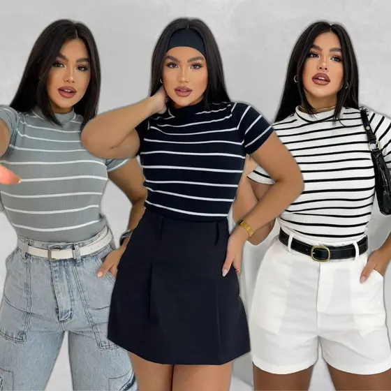 Blusa B谩sica Listrada Ribana Canelado Premium Casual  Basico Camiseta T-Shirt