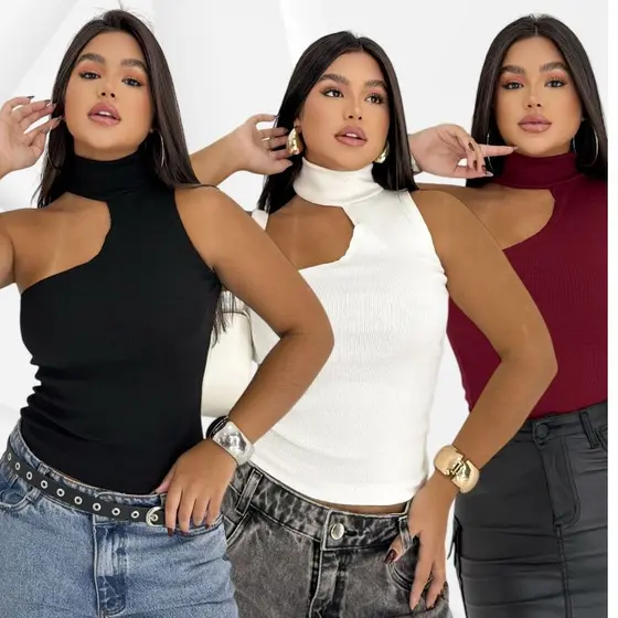 BLUSA FEMININA ASSIMÉTRICA GOLA ALTA BÁSICA MULA MANCA CONFORTAVEL VERÃO MODA FASHION 2025