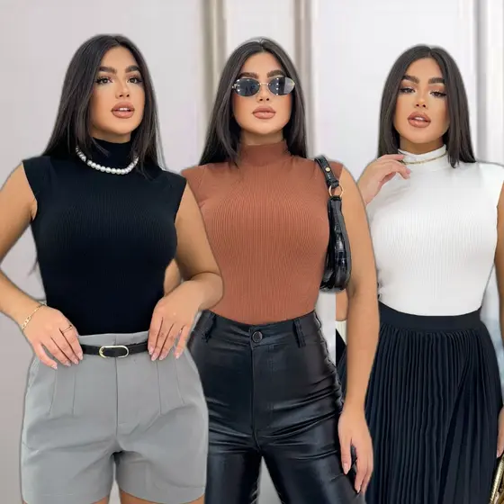Body Feminino Gola Alta Anarruga Canelado verão